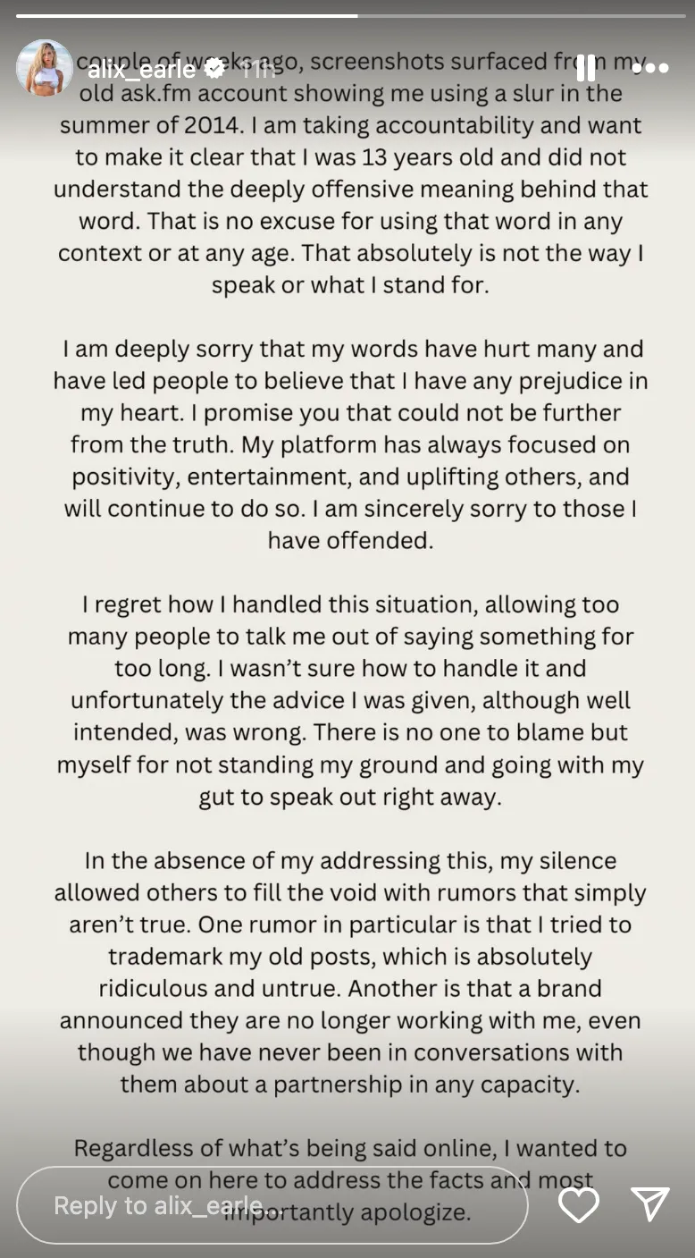 Alix Earle Apologizes